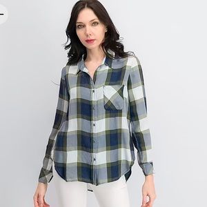 Billy T Mabry Chambray Plaid Relaxed Button Front Top